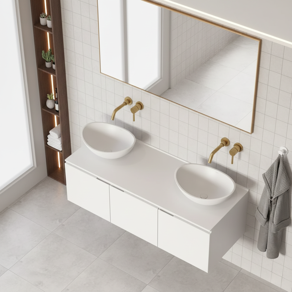 Puro Double Basin Four-Drawer Floating Vanity Unit with Oval Vessel Basins – Full Matt White 1400mm