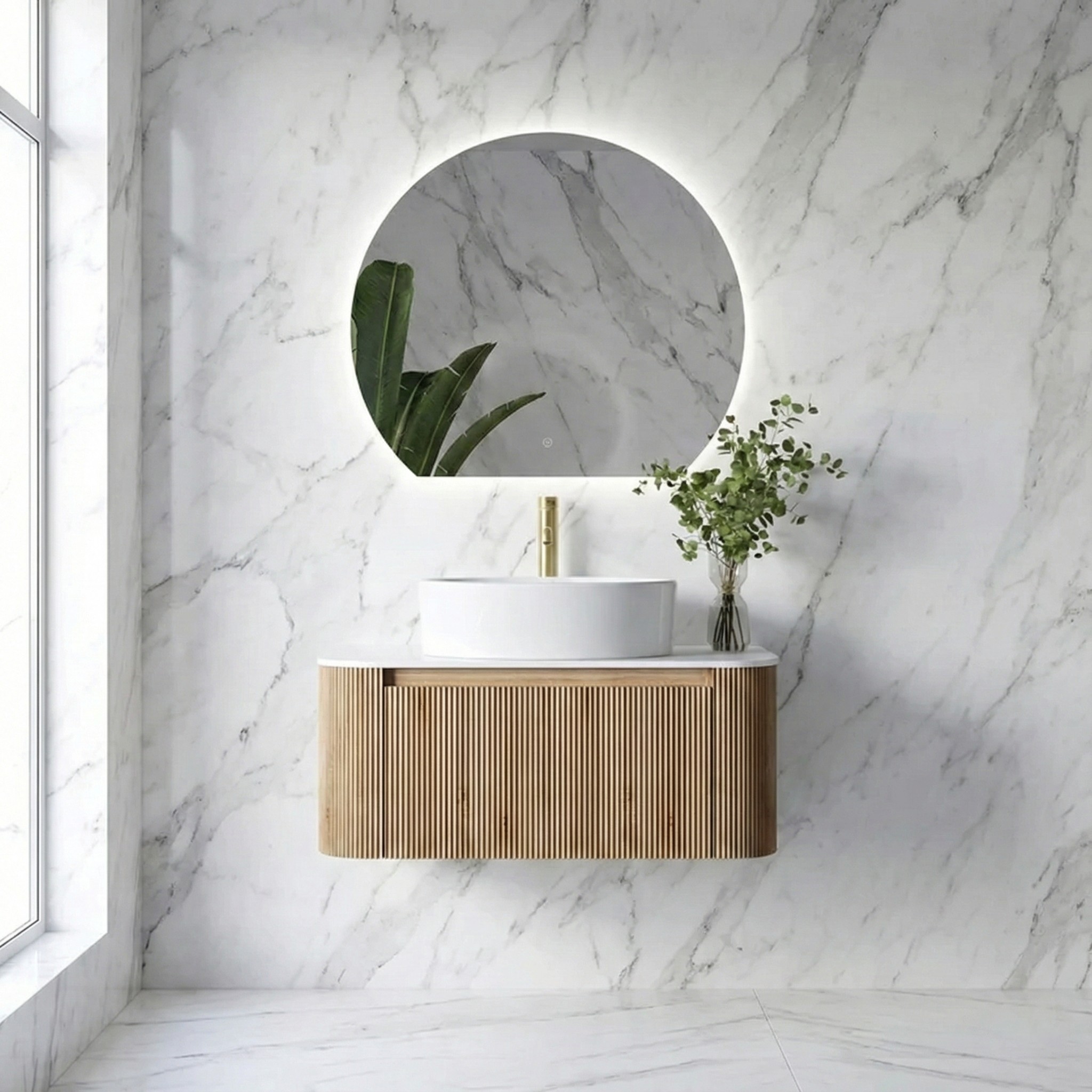 Arco Curved Fluted Single Drawer Floating Vanity Unit with Vessel Basin – Natural Oak / Matt White 900mm
