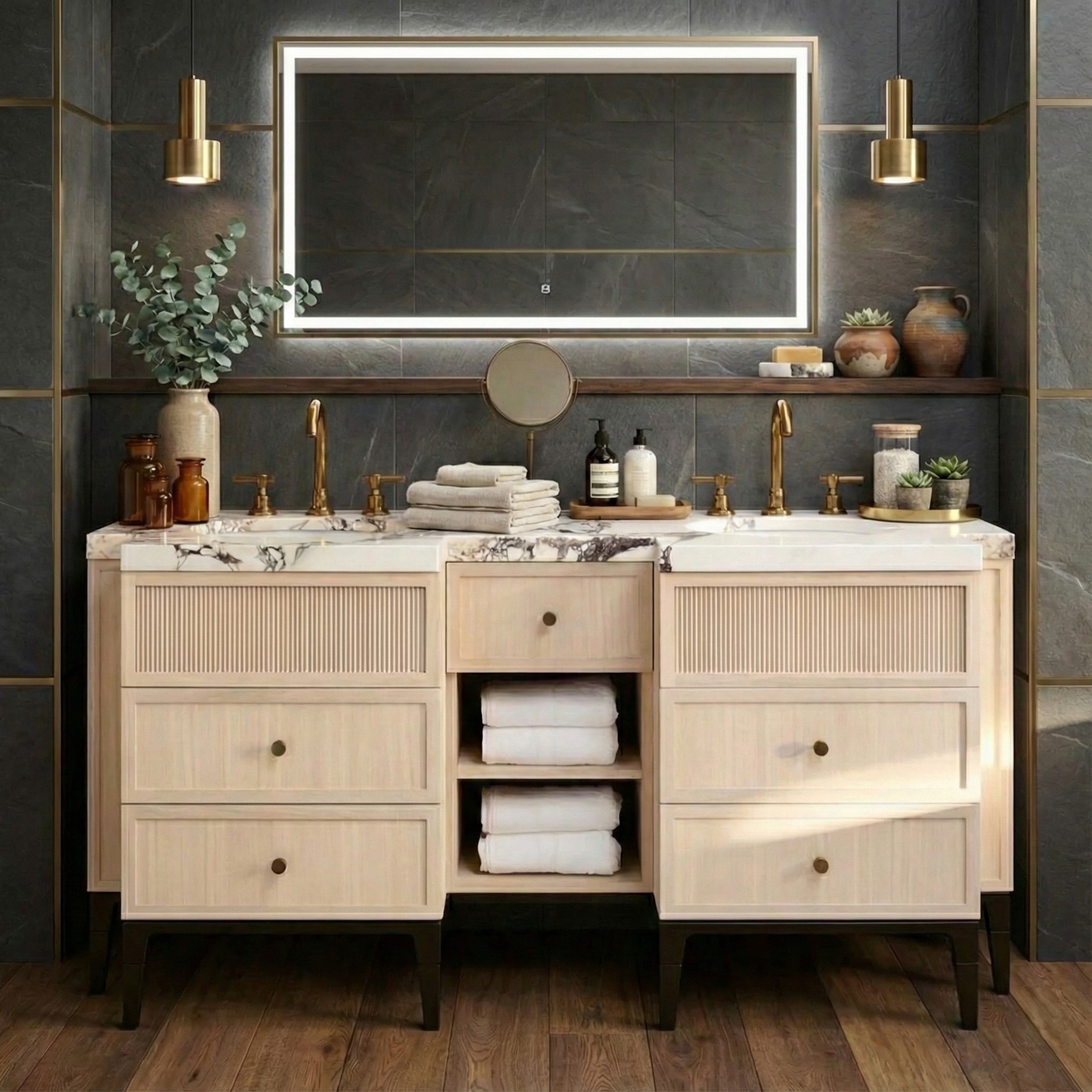 Riviera Double Basin Fluted Six-Drawer Freestanding Vanity Unit with Central Open Shelving – Washed Oak / Marble 1600mm