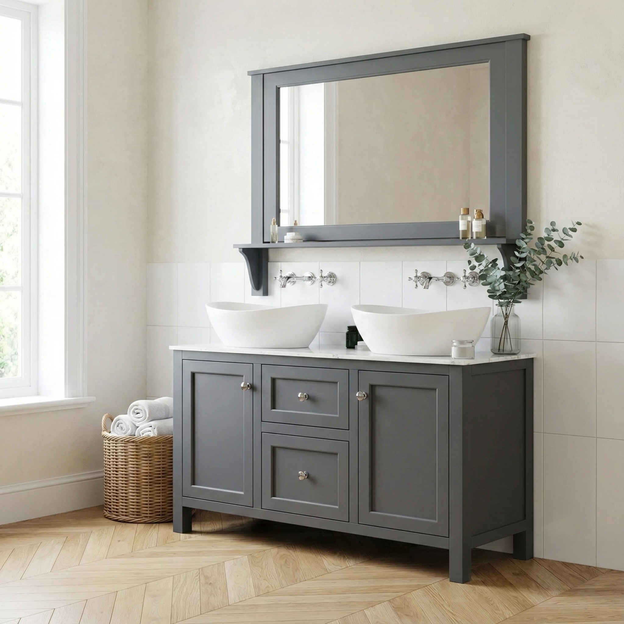 Chatsworth Double Basin Shaker Freestanding Vanity Unit with Mirror Shelf – Charcoal / Marble White 1500mm