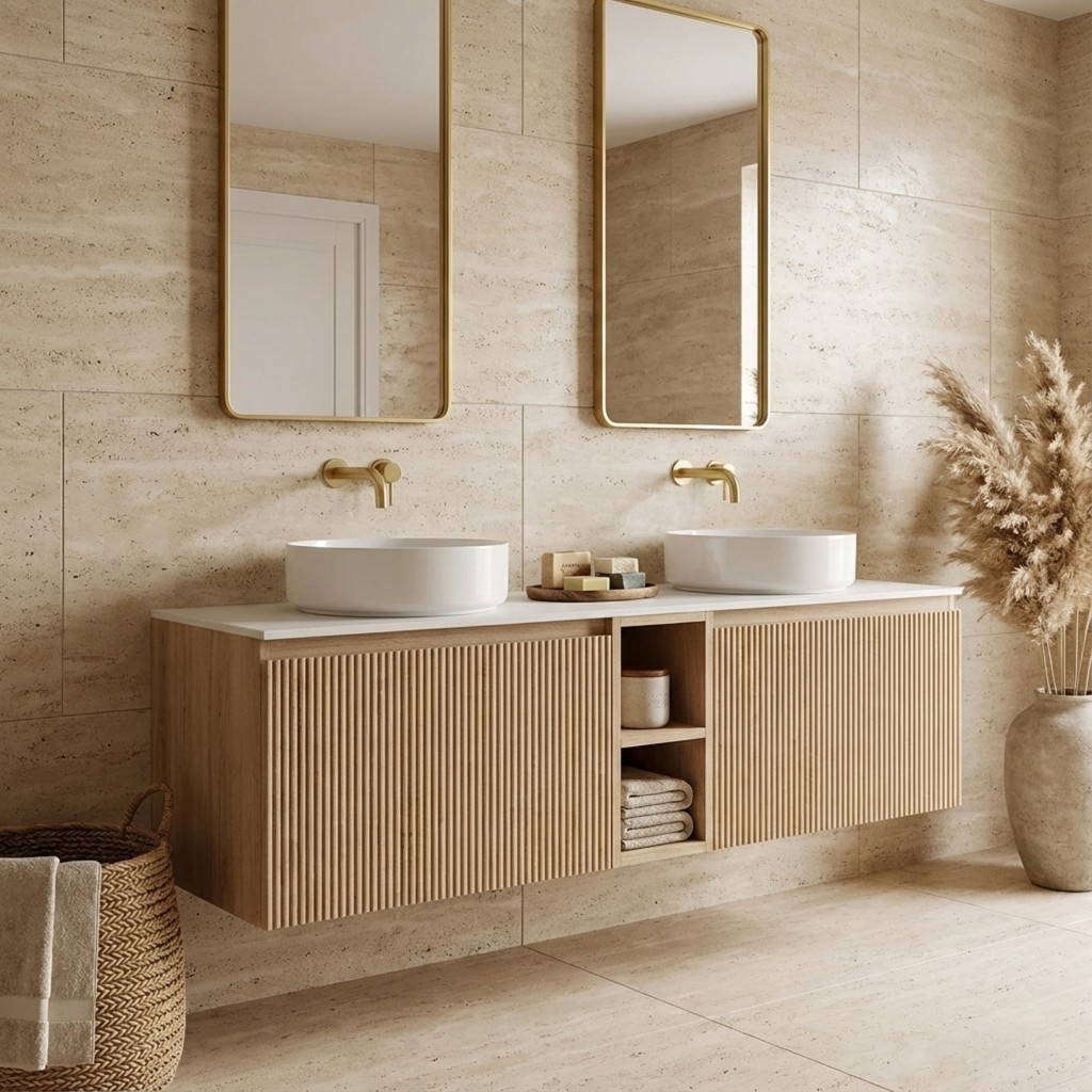 Terra Double Basin Fluted Floating Vanity Unit with Central Open Shelf – Light Oak / Matt White 1600mm