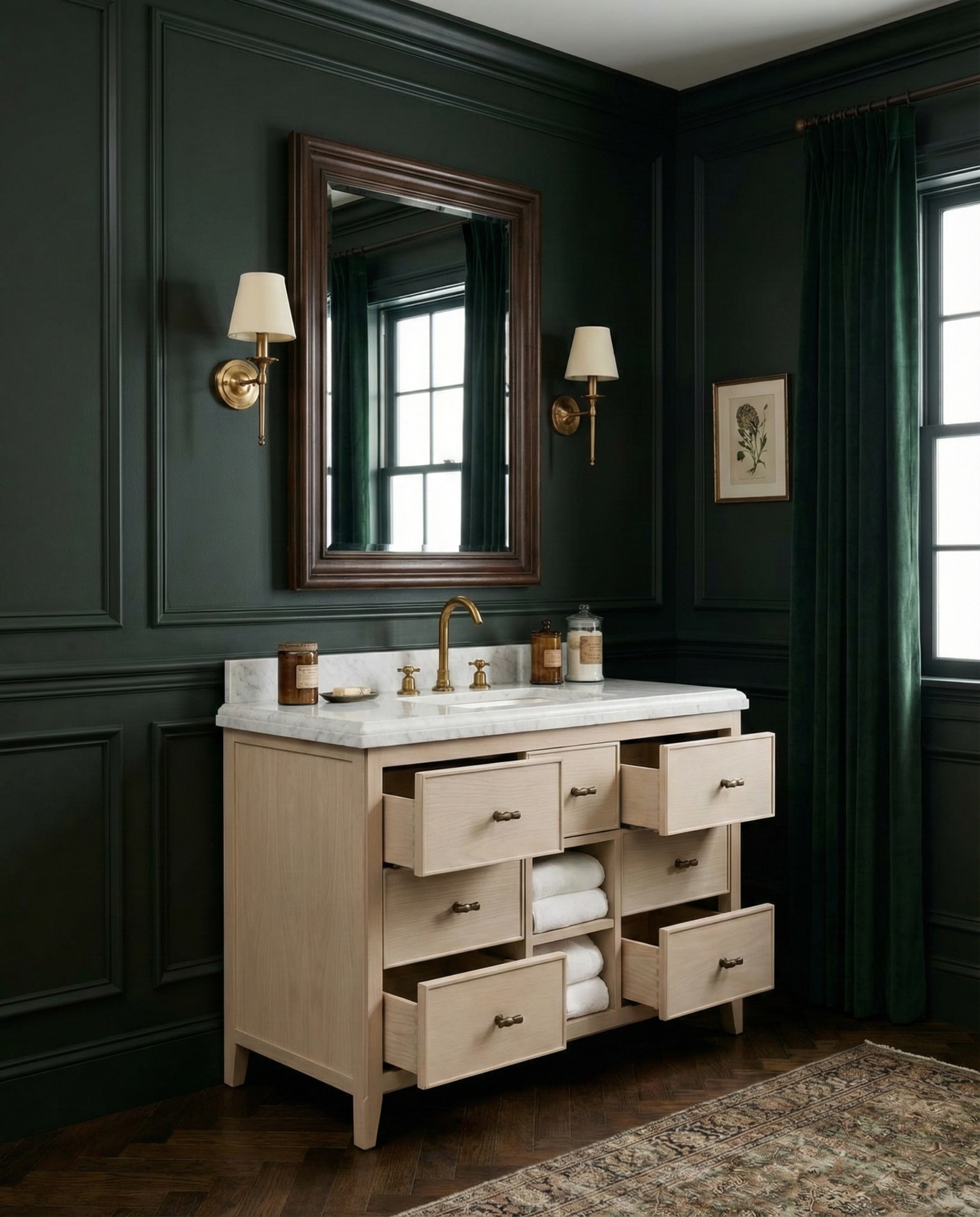 Harlow Six-Drawer Freestanding Vanity Unit with Marble Top – Bleached Oak / Carrara White 1200mm