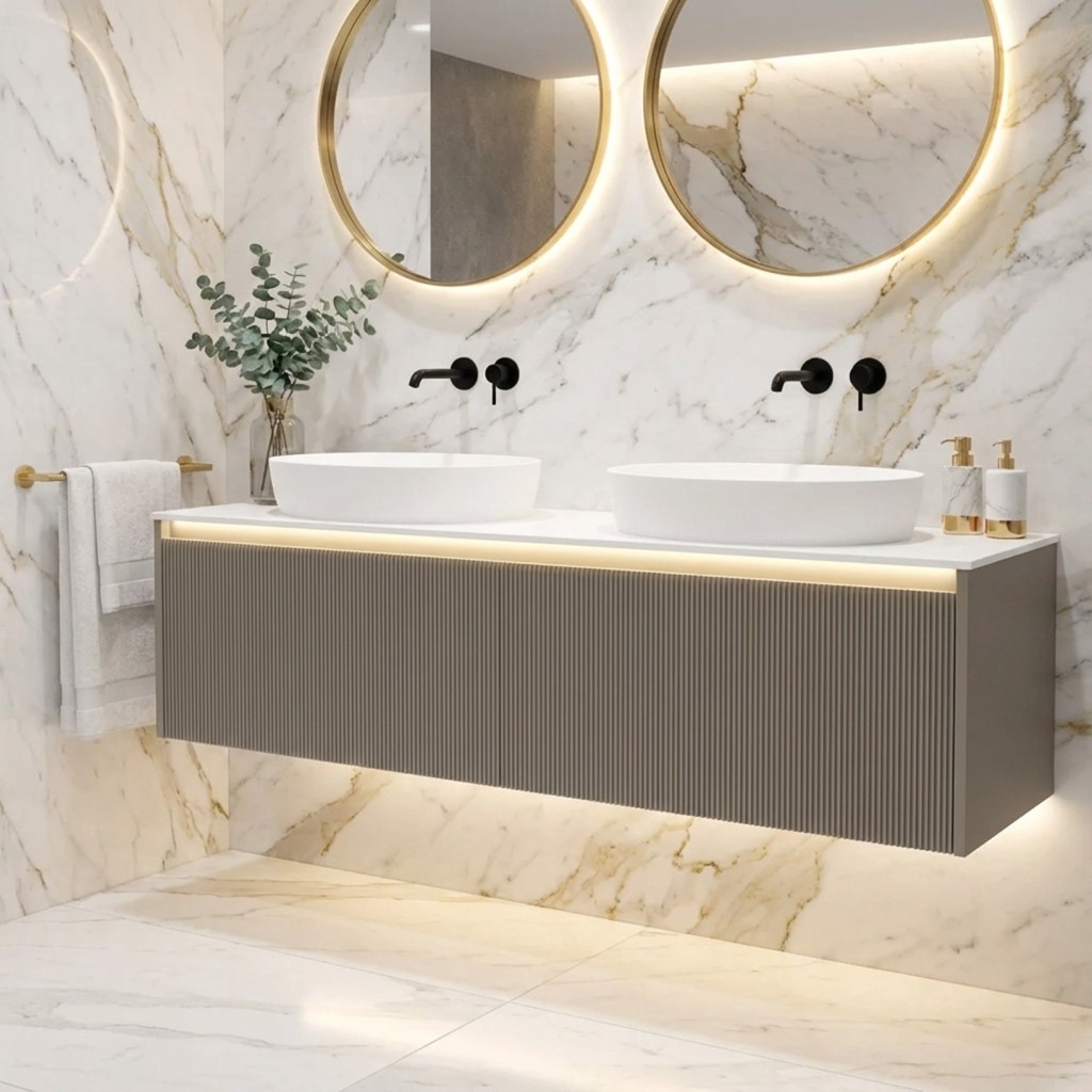 Duetto Fluted Double Basin Floating Vanity Unit - Matt Greige / White 1400mm