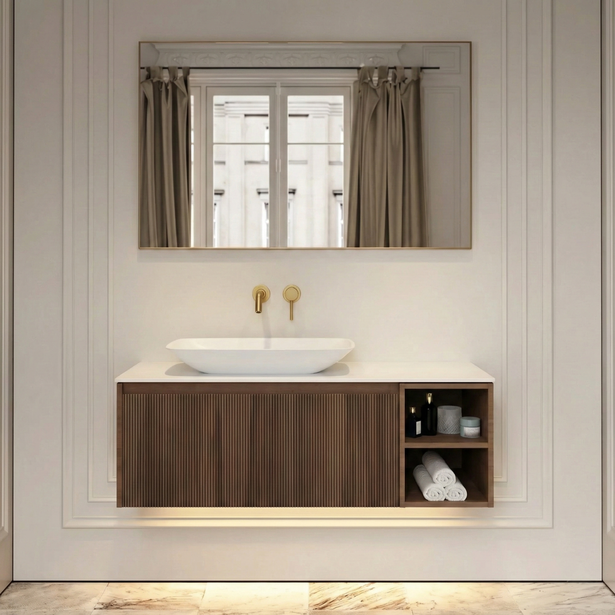 Parisienne Fluted Single Drawer Floating Vanity Unit with Open Shelf – Walnut / Matt White 1200mm