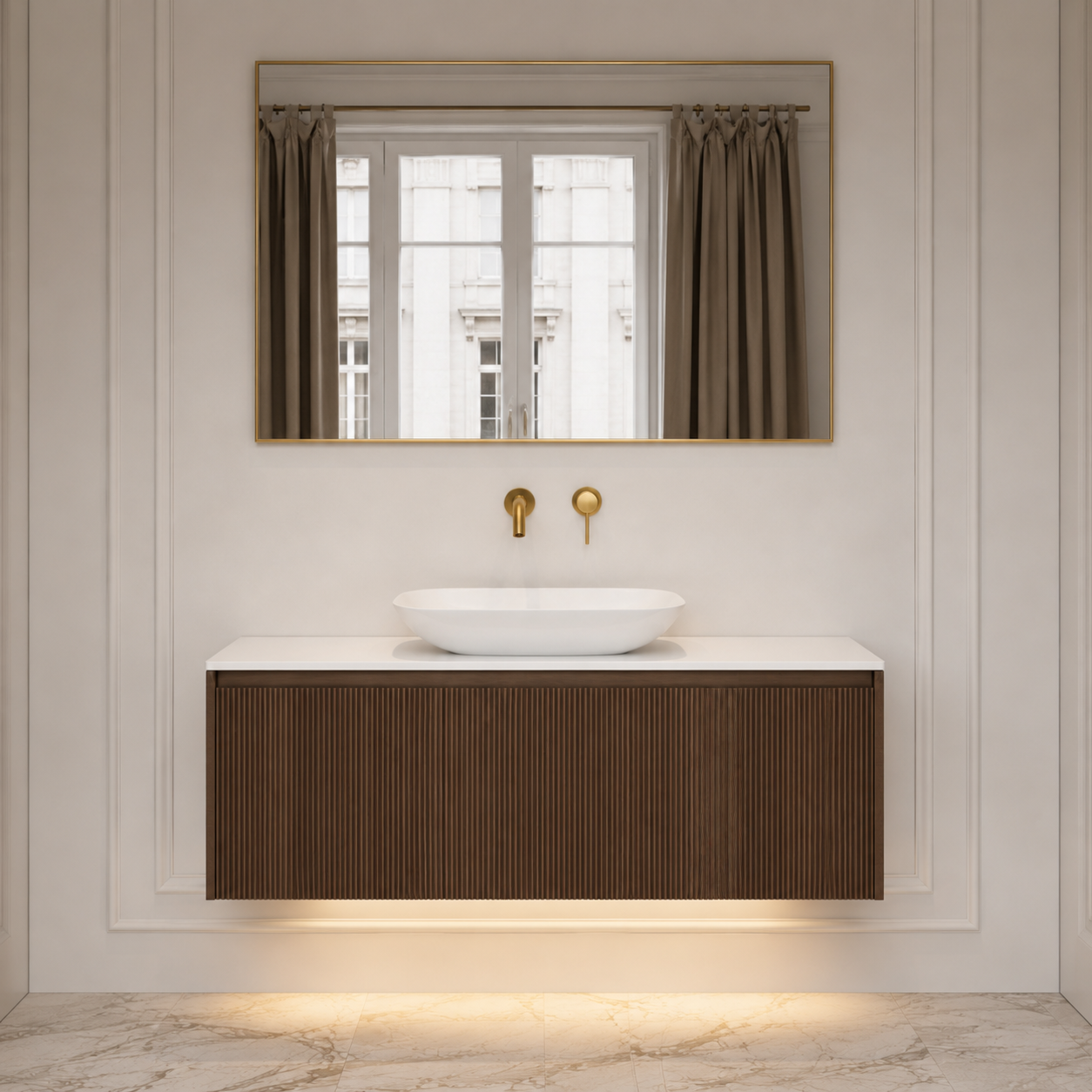 Parisienne Fluted Single Drawer Floating Vanity Unit with Open Shelf – Walnut / Matt White 1200mm