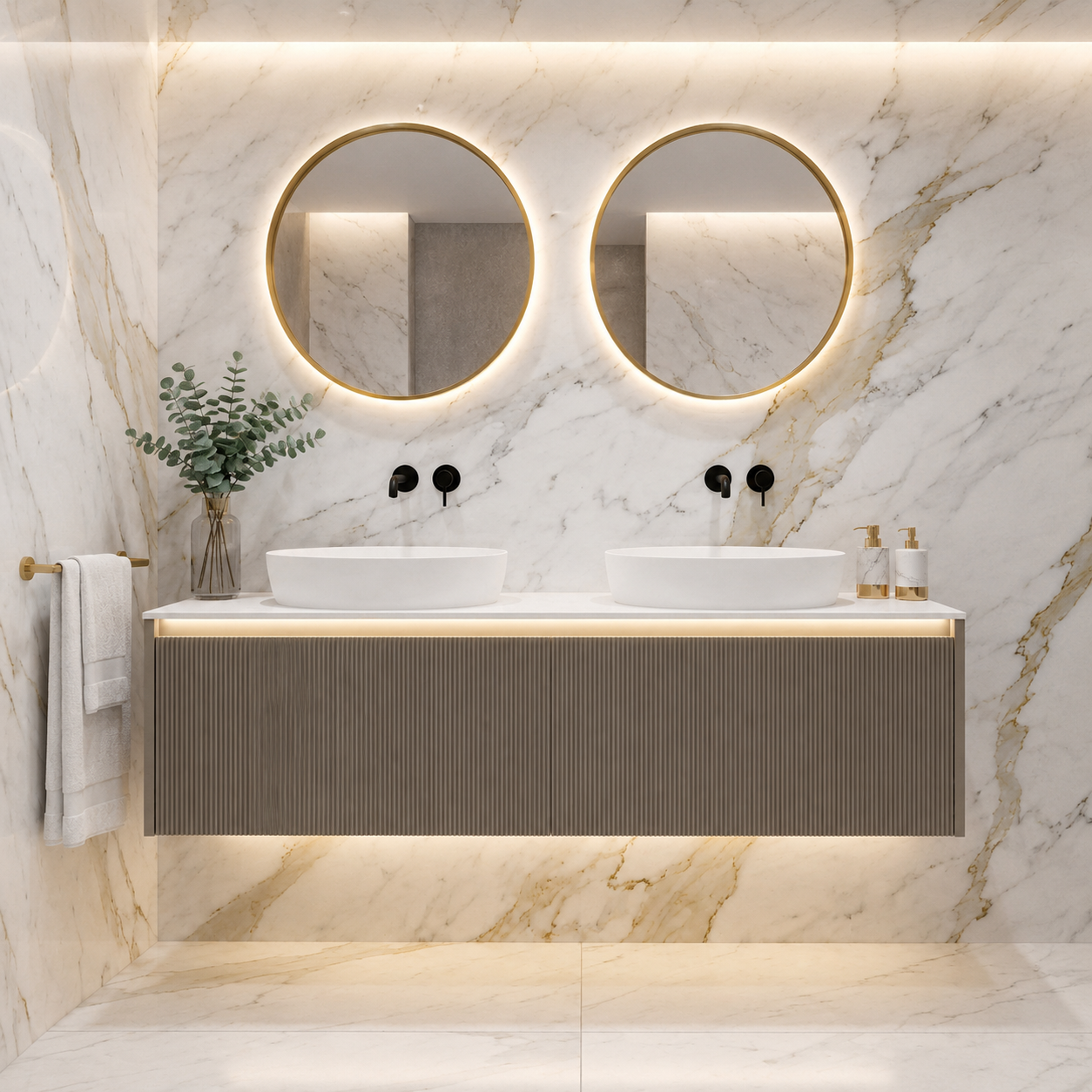 Duetto Fluted Double Basin Floating Vanity Unit - Matt Greige / White 1400mm