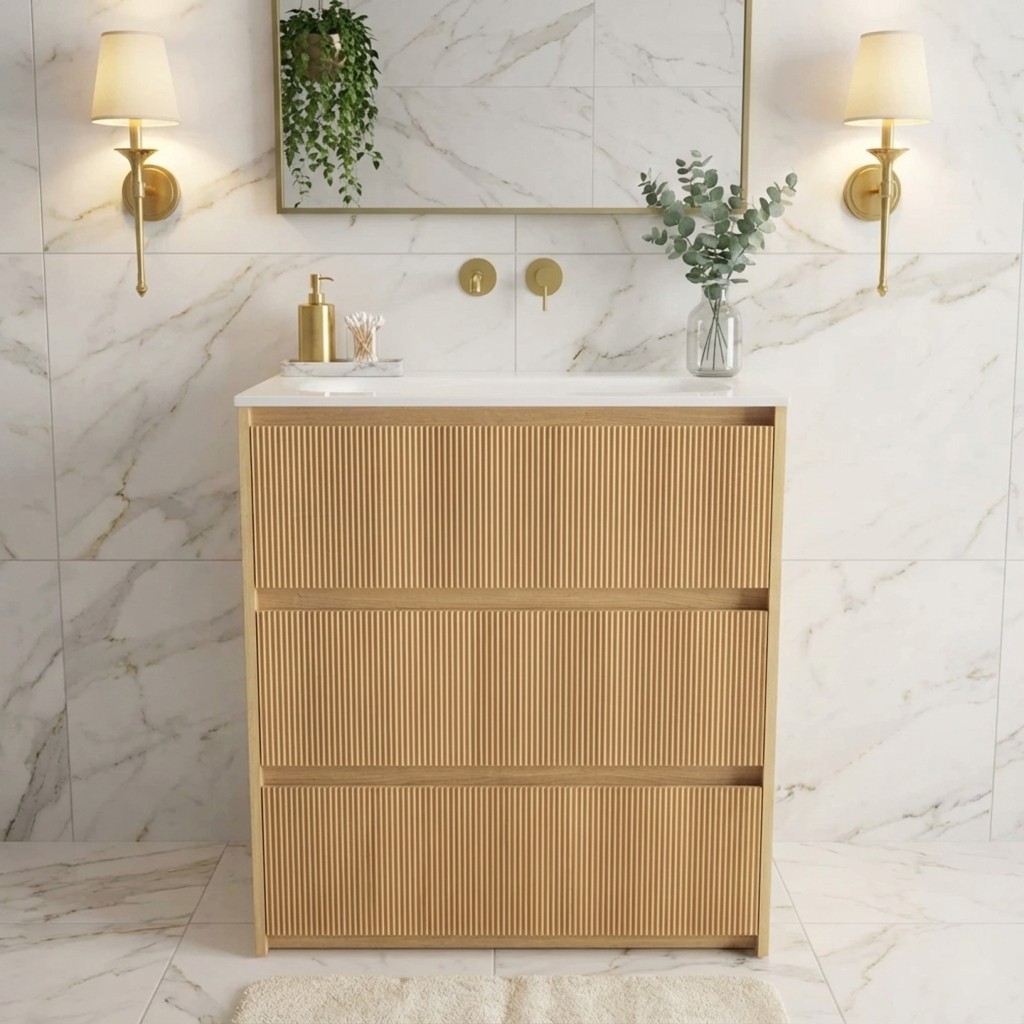 Soleil Three-Drawer Fluted Freestanding Vanity Unit with Integrated Basin – Natural Oak / White 900mm