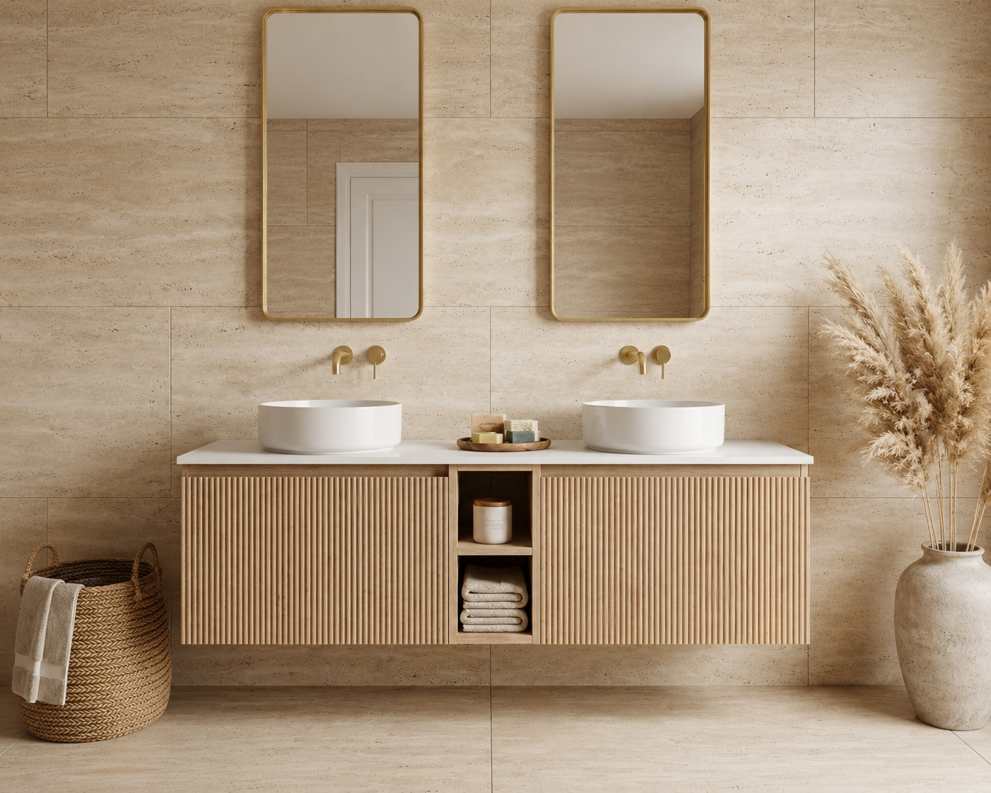 Terra Double Basin Fluted Floating Vanity Unit with Central Open Shelf – Light Oak / Matt White 1600mm