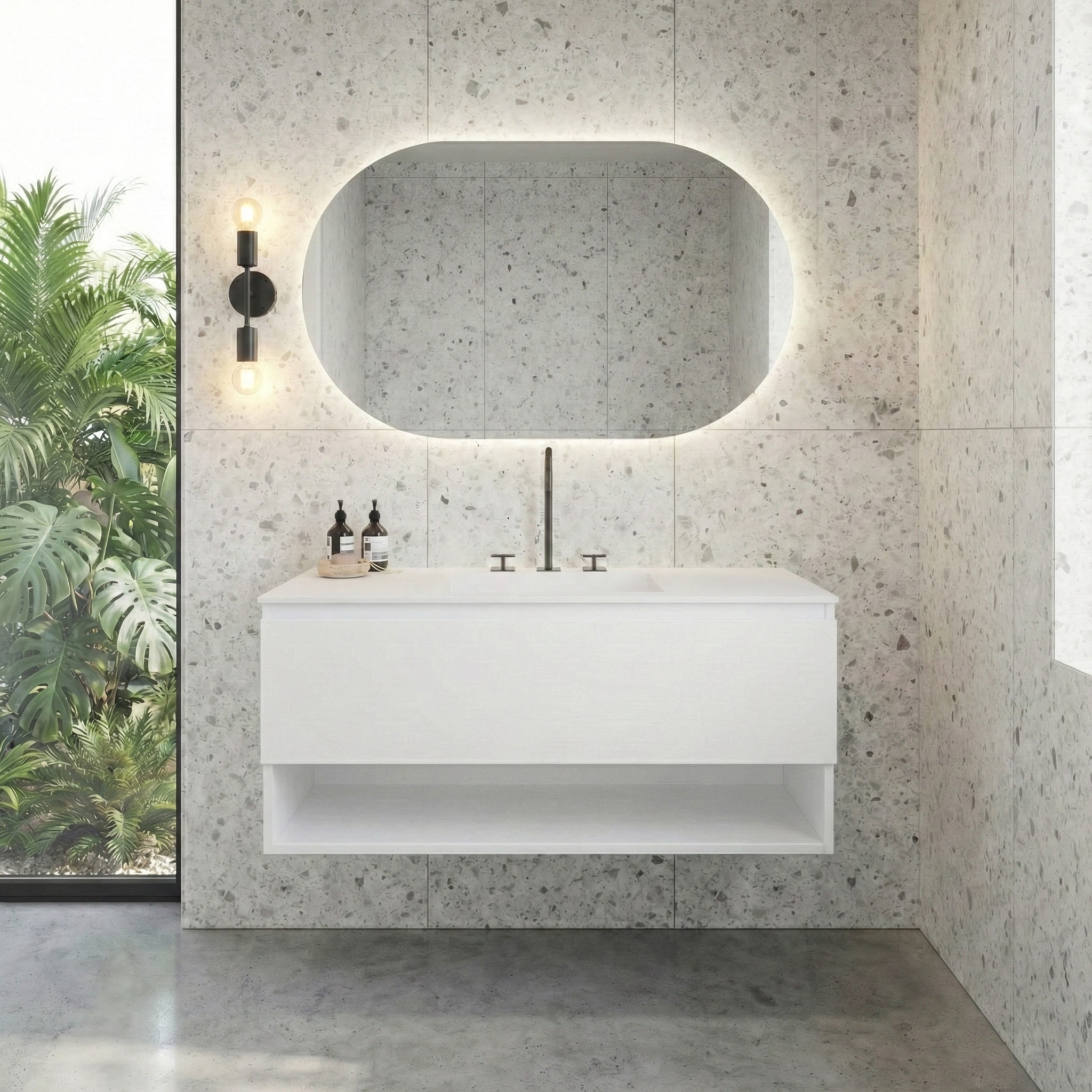 Bianco Single Drawer Floating Vanity Unit with Open Base Shelf & Integrated Basin – Full Matt White 1000mm