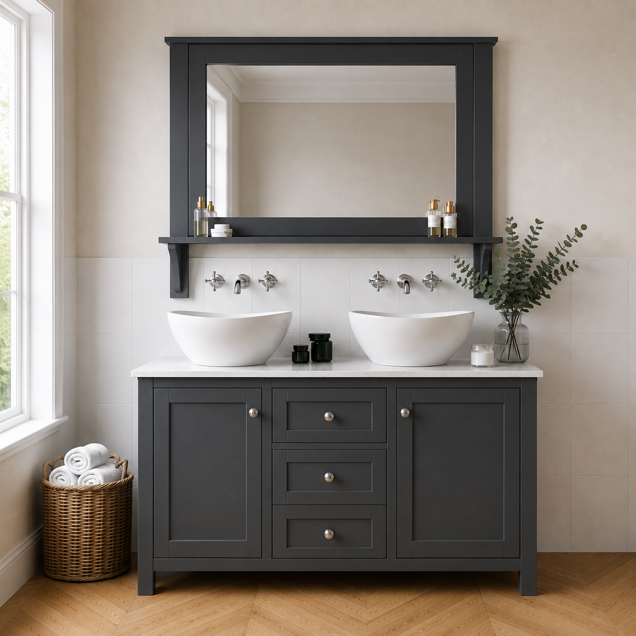 Chatsworth Double Basin Shaker Freestanding Vanity Unit with Mirror Shelf – Charcoal / Marble White 1500mm