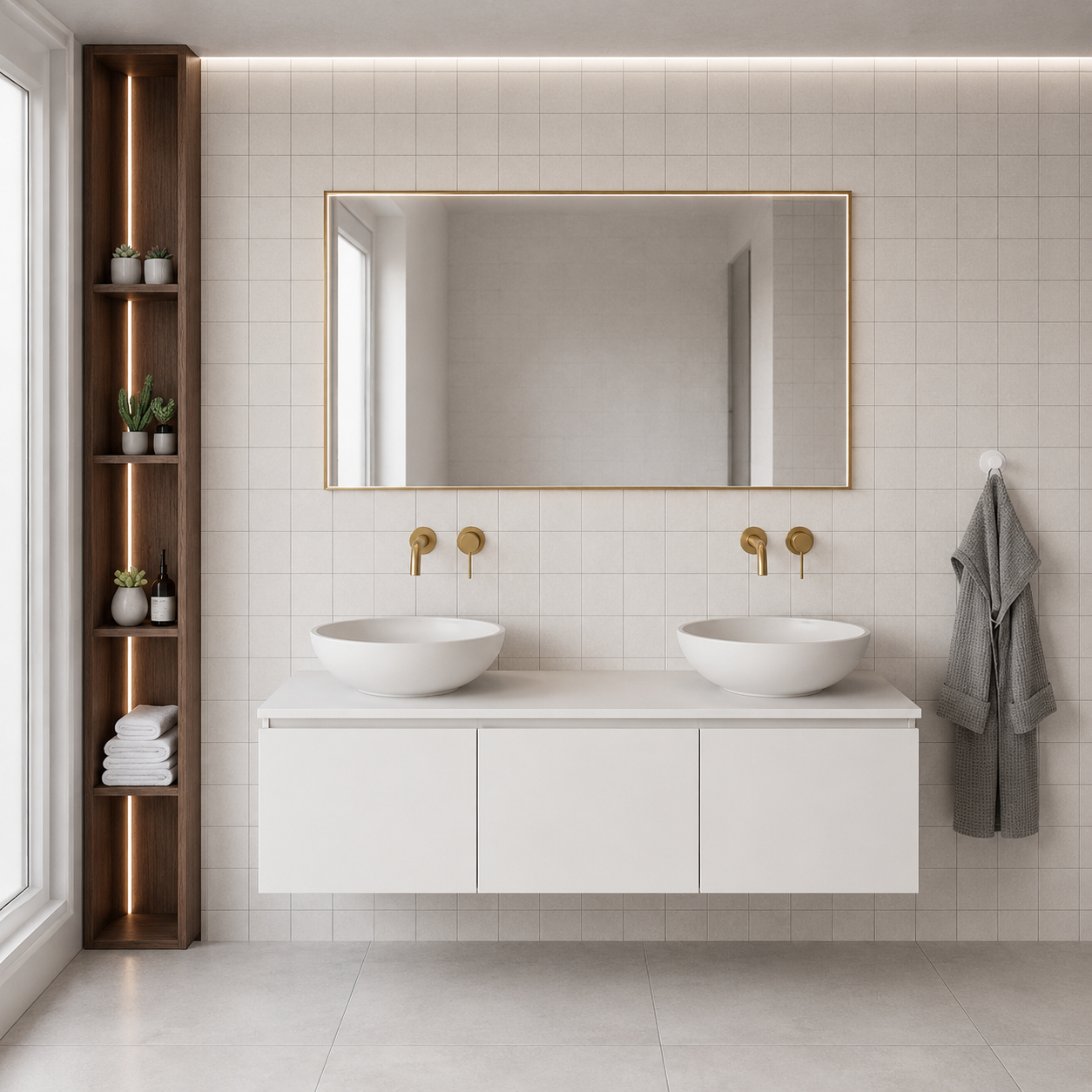 Puro Double Basin Four-Drawer Floating Vanity Unit with Oval Vessel Basins – Full Matt White 1400mm